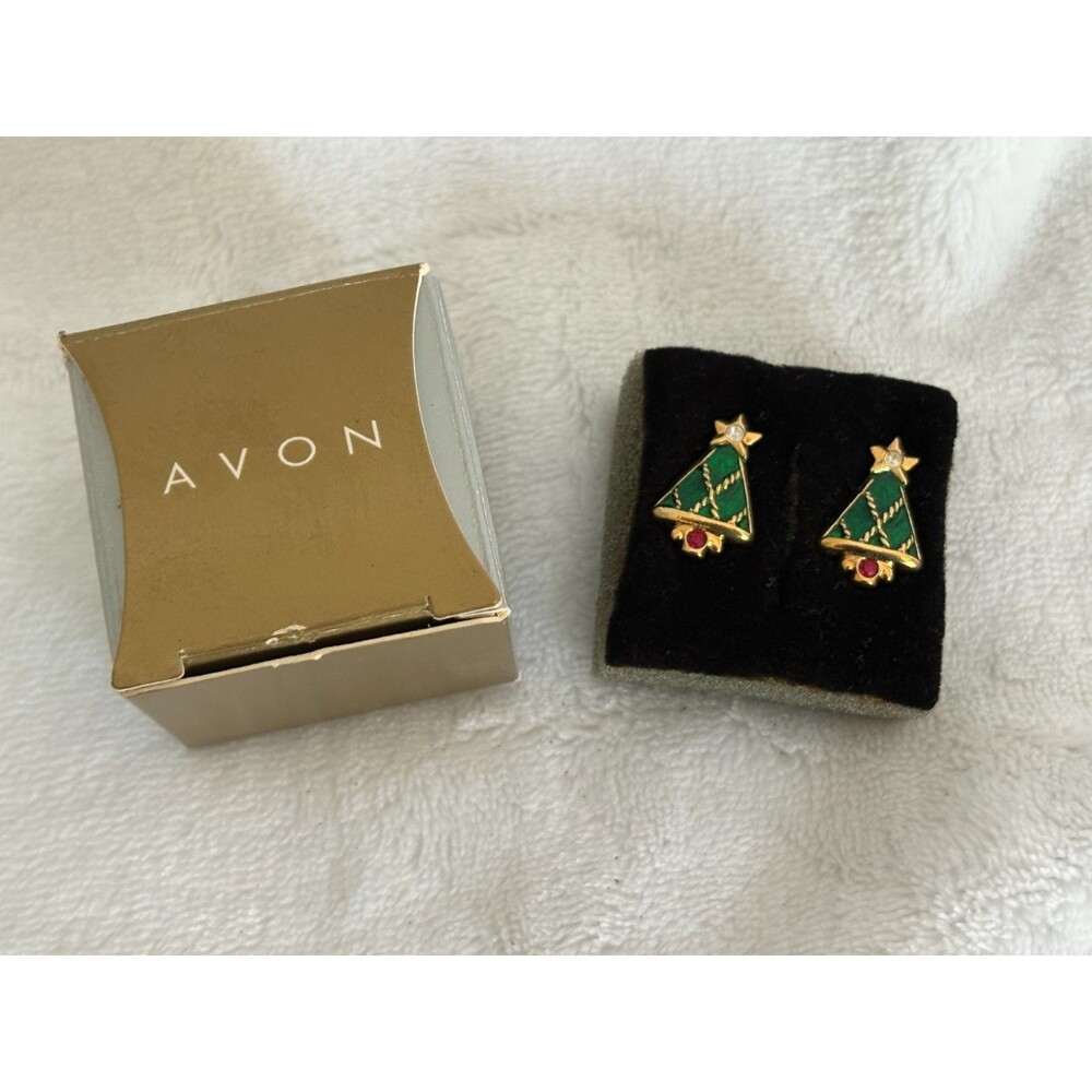 Vintage 1990's AVON Christmas Tree Gold-Toned Rhinestone Stud Earrings